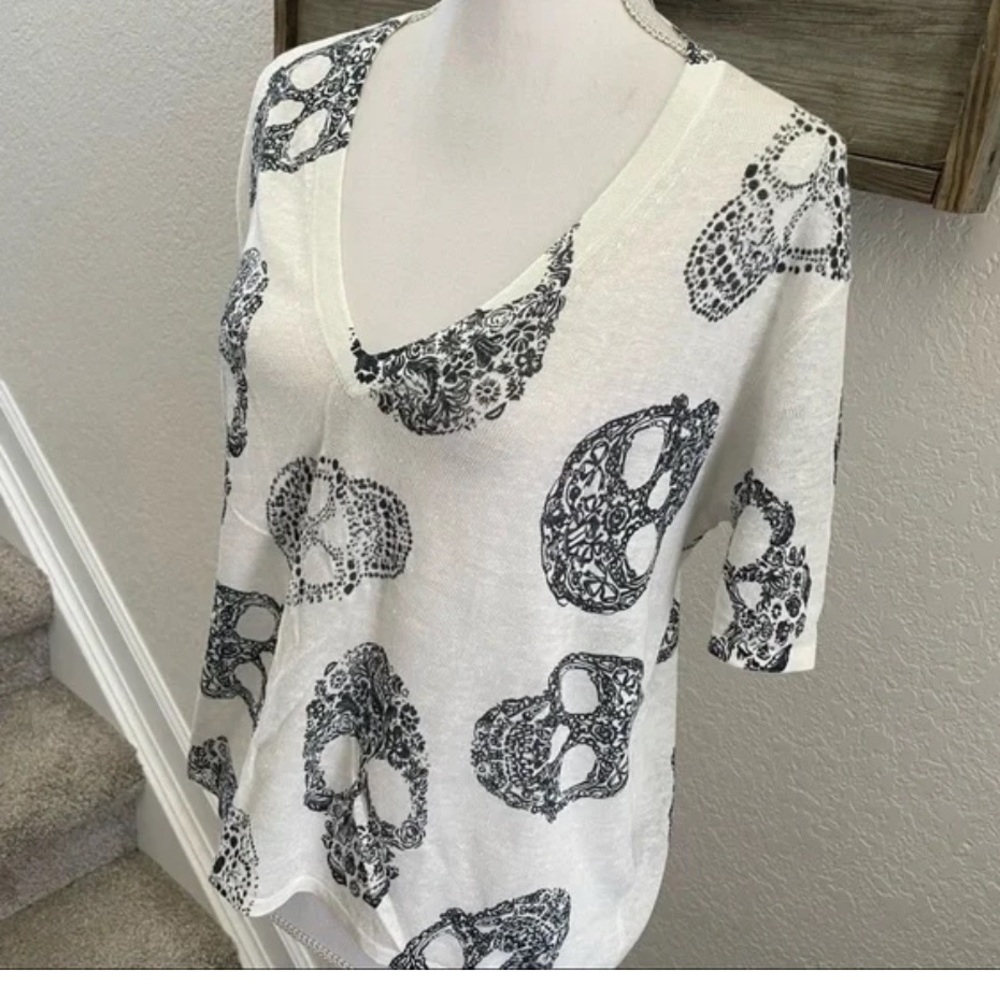 New Skull Cashmere White/Charcoal RUMA Linen Skull BOHO Top Size L - Picture 7 of 15